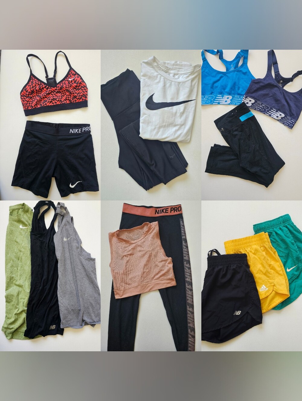 18pcs: Adidas, Nike, New Balance tops, shorts, sports bras, tights sz XS-S